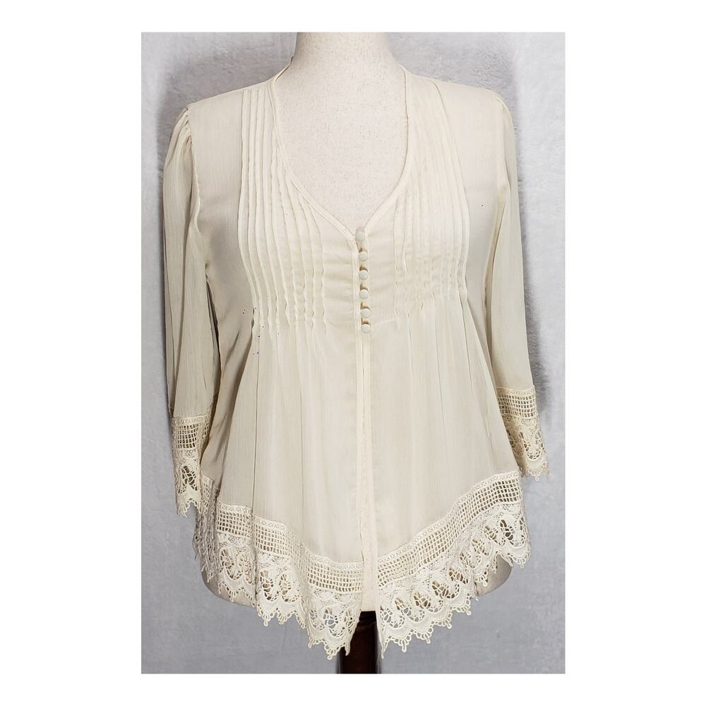 ADIVA Sheer Cream Pleated Cardigan Blouse L Boho Cottagecore Coquette